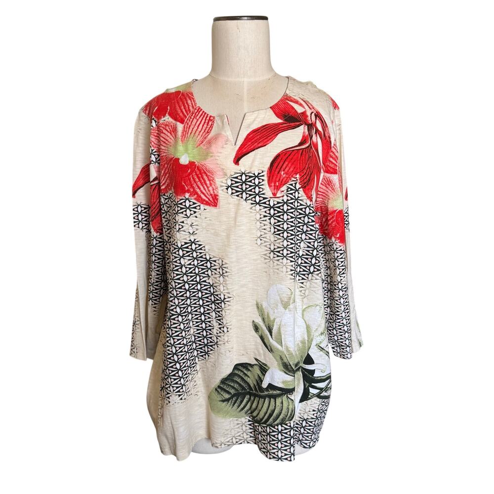NEW Chicos Sz 3 Women XL Tunic Top Split Neck Botanical Garden Floral 3/4 Sleeve